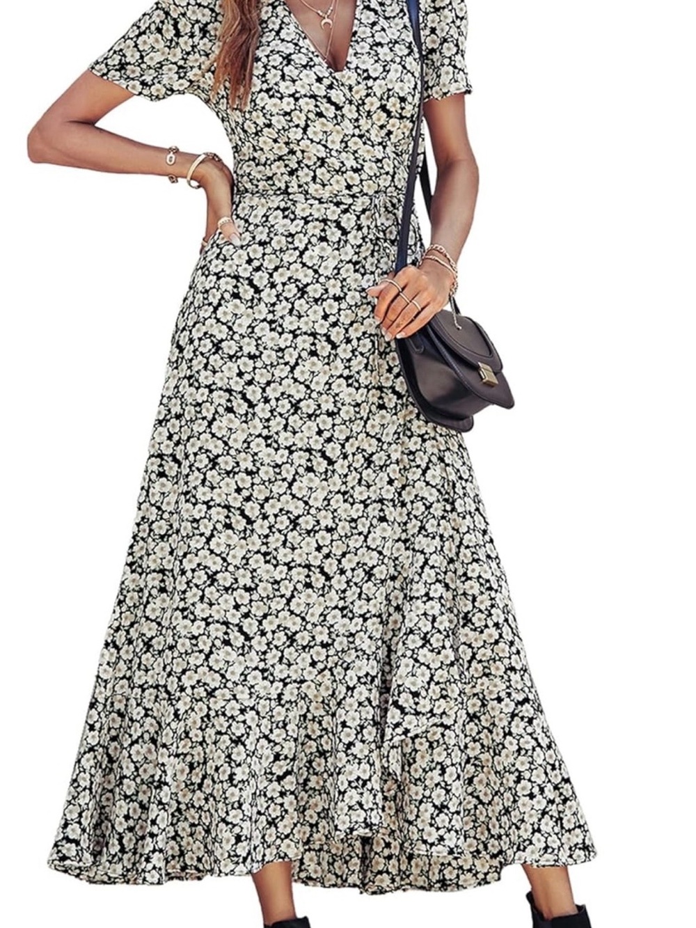 Black and White Floral Midi Wrap Dress with Ruffle Hem